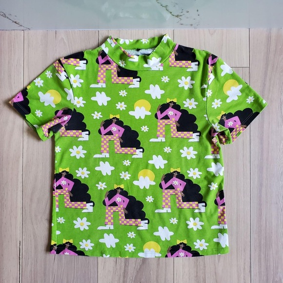 Nooworks Tops - Nooworks Checkered Ladies Shirt Womens M Green Mock Neck Retro Print Tee Top